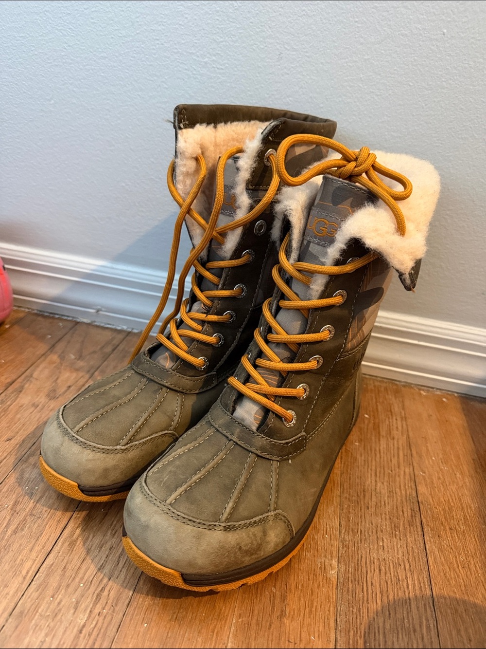 UGG Olive and Mustard Lace-Up Shearling Boots
